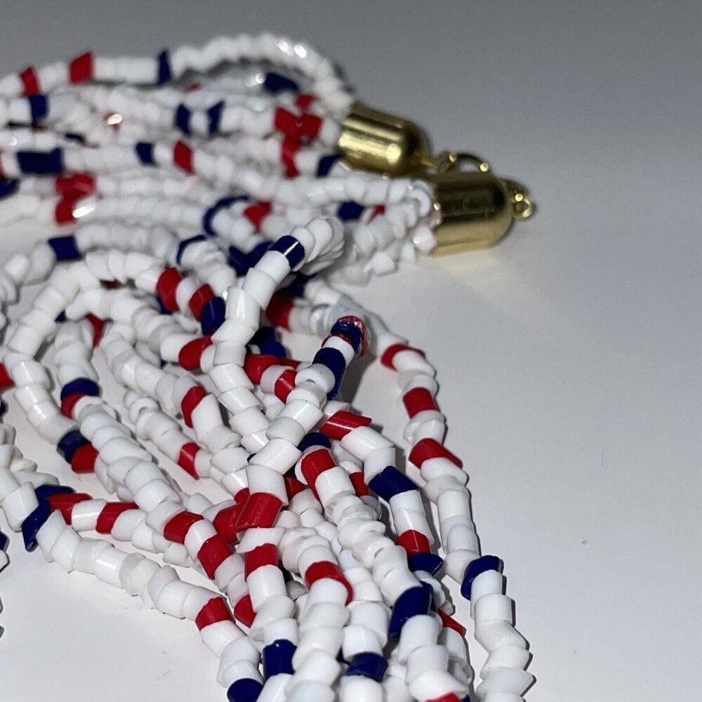 Vintage Red White & Blue Beaded Necklace 6 Strand 25” Long Statement Patriotic - Picture 10 of 10
